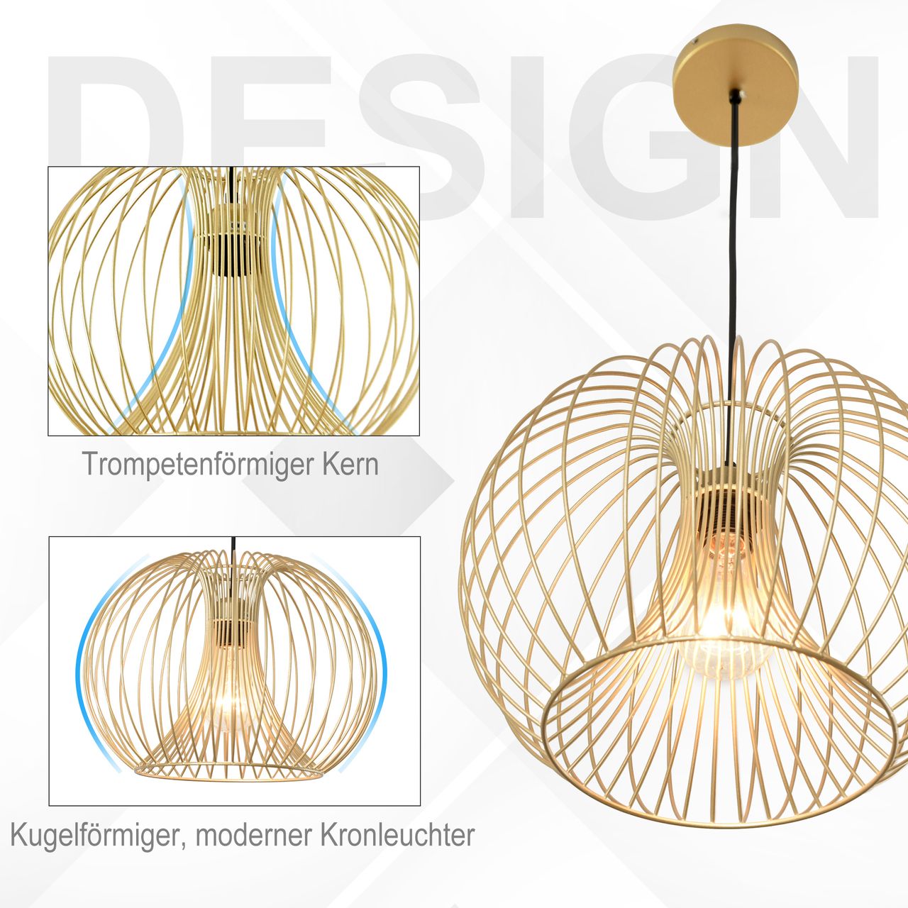 HOMCOM Hängeleuchte Deckenlampe moderne Pendelleuchte E27 40W Stahl Gold