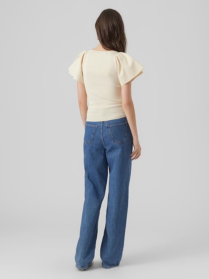 Vero Moda Geripptes Rüschen T-Shirt Kurzarm Strick Shirt VMGINNY in Beige günstig kaufen XS