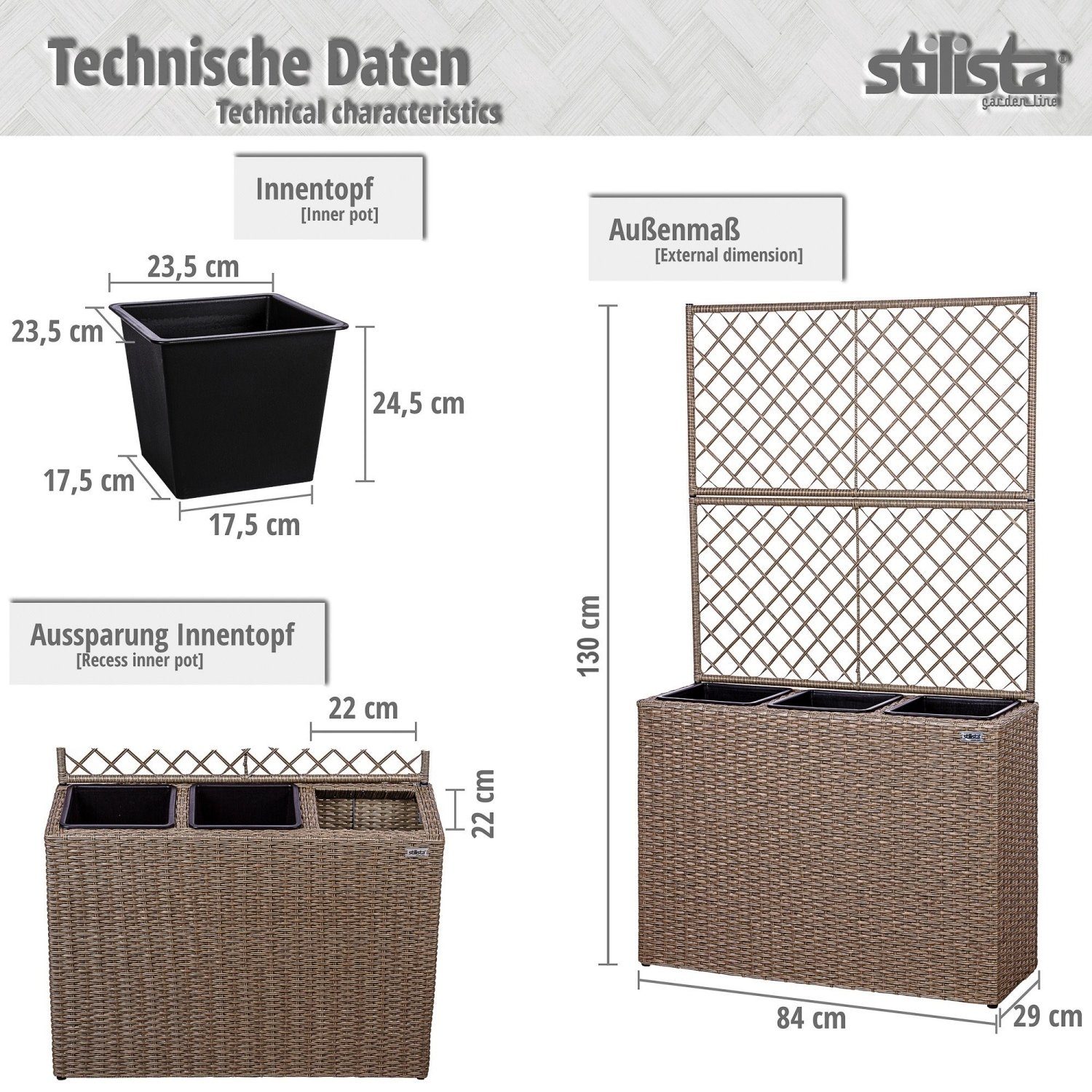 STILISTA Pflanzkübel Polyrattan Pflanzkasten Blumentopf Blumenkasten, 130 x 84 x 29 cm, 3 herausnehmbare Innentöpfe, Rankgitter, Farbwahl