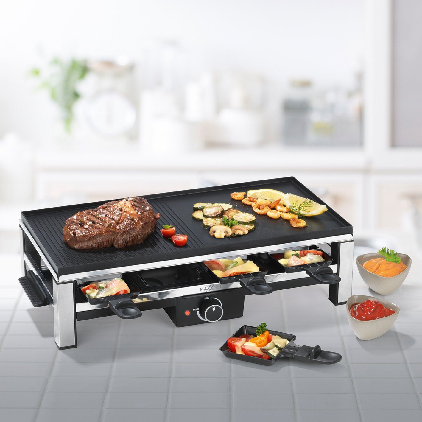 MAXXMEE Raclette Antihaft Grillplatte spülmaschinengeeignet 26x56cm, Grill 8 Personen