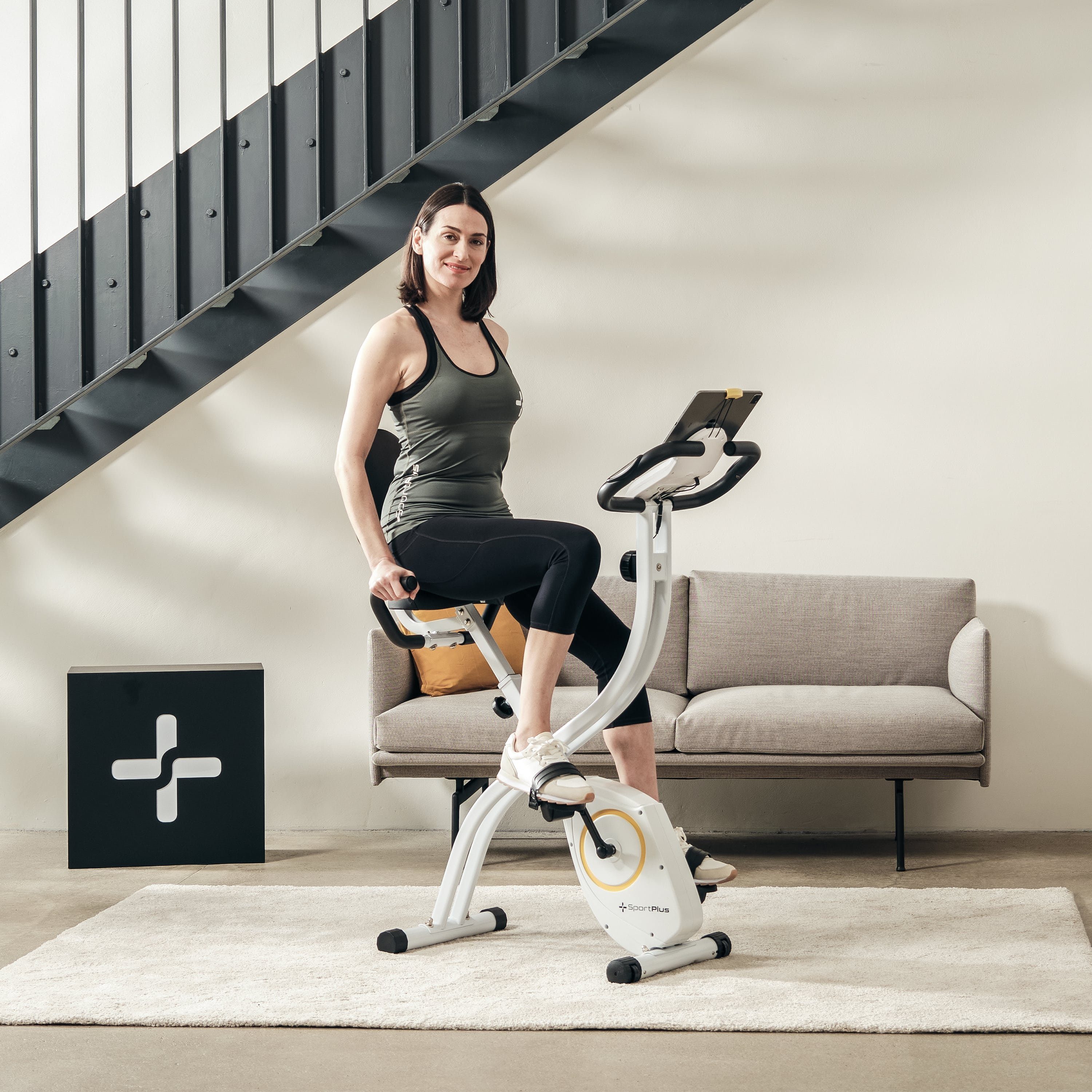 SportPlus Heimtrainer SP-HT-1300-W-iE, Heimtrainer, X-Bike, klappbar für Zuhause, Rückenlehne, 8 Stufen