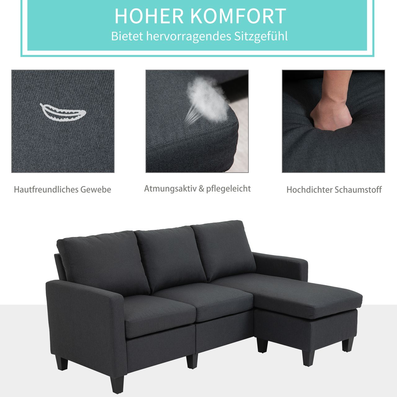 HOMCOM Ecksofa Stoffsofa Eckcouch Couchgarnitur mit wendbarer Chaiselongue L-Form Leinen Dunkelgrau 197 x 139 x 91 cm