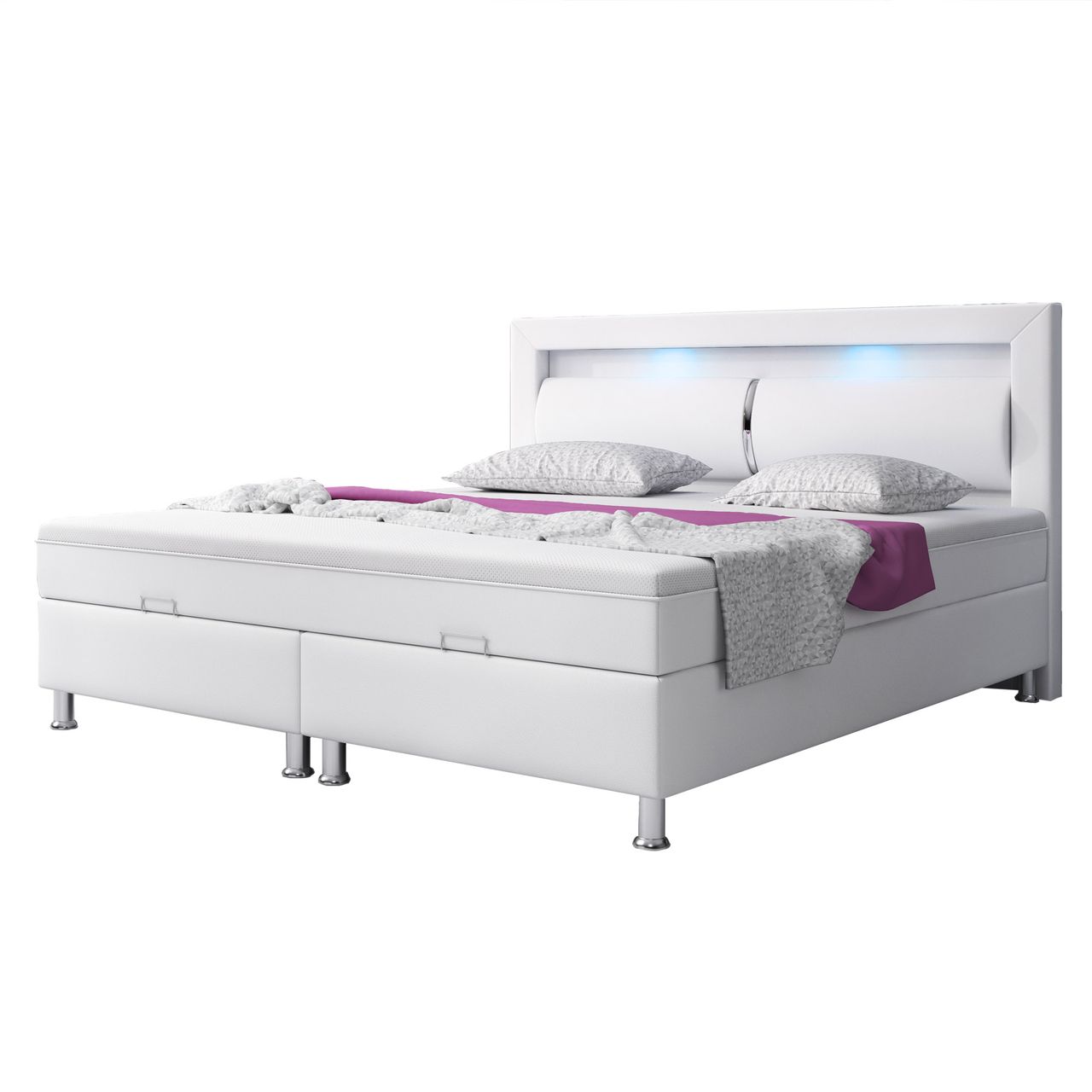 IHG Boxspringbett Milano 180x200 Bettkasten Kunstleder Weiss TYP 6 mit integriertem Topper