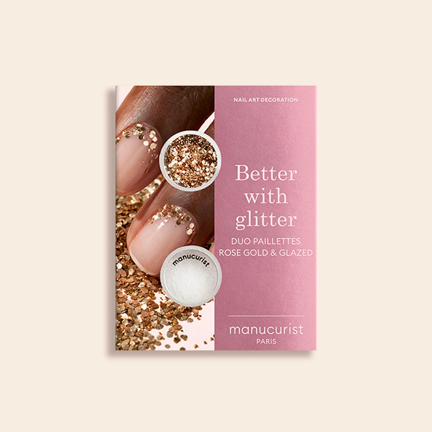 Nagelkunst duo met glitter, roségoud en glans.