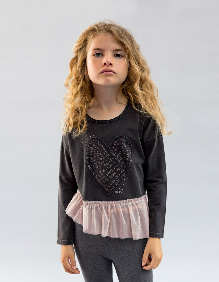 T-shirt gris mix matières avec tulle fille