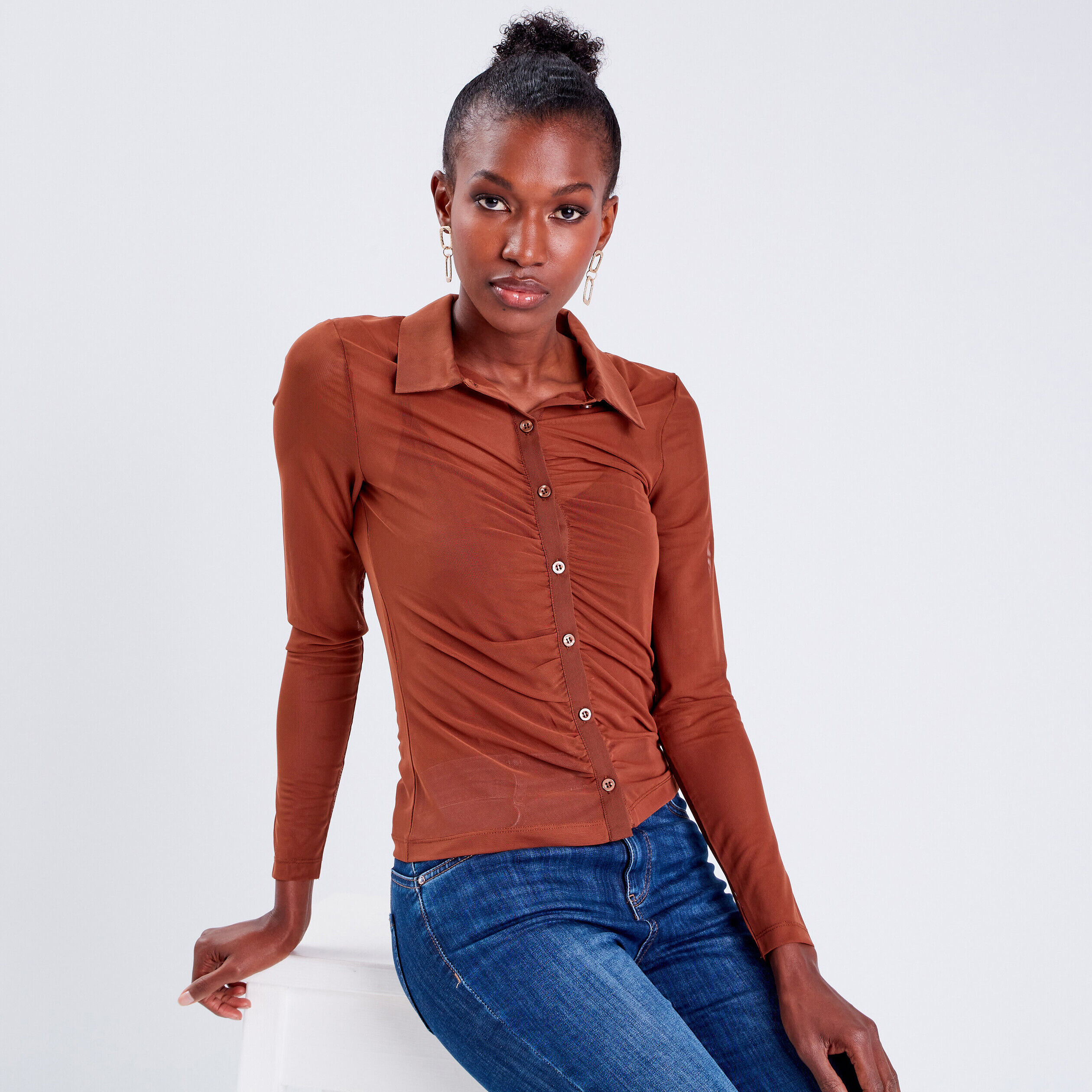 Chemise manches longues marron femme | Cache Cache