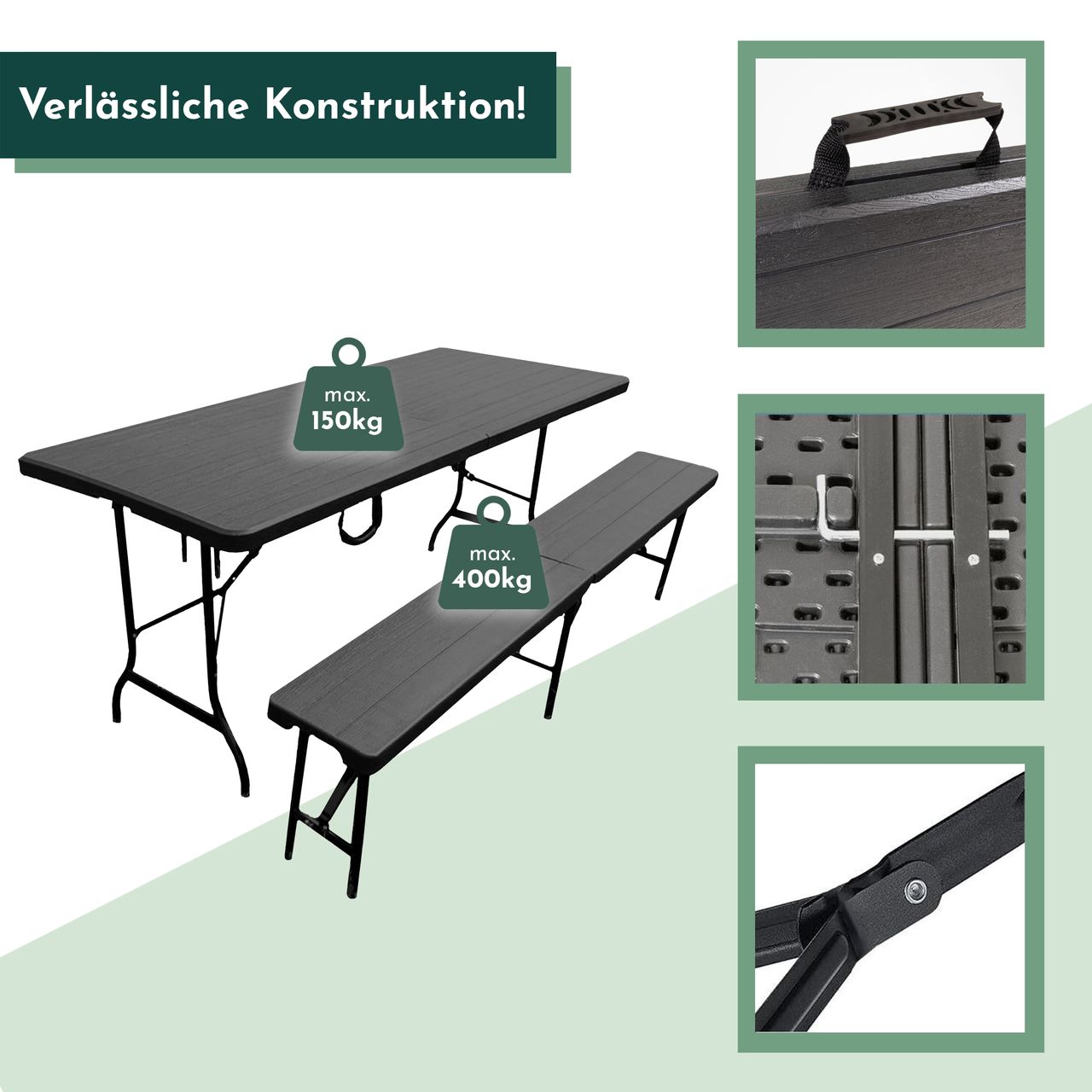Lemodo Bierzeltgarnitur Set mit 2x Bierbank und 1x Buffettisch, klappbare Biertischgarnitur