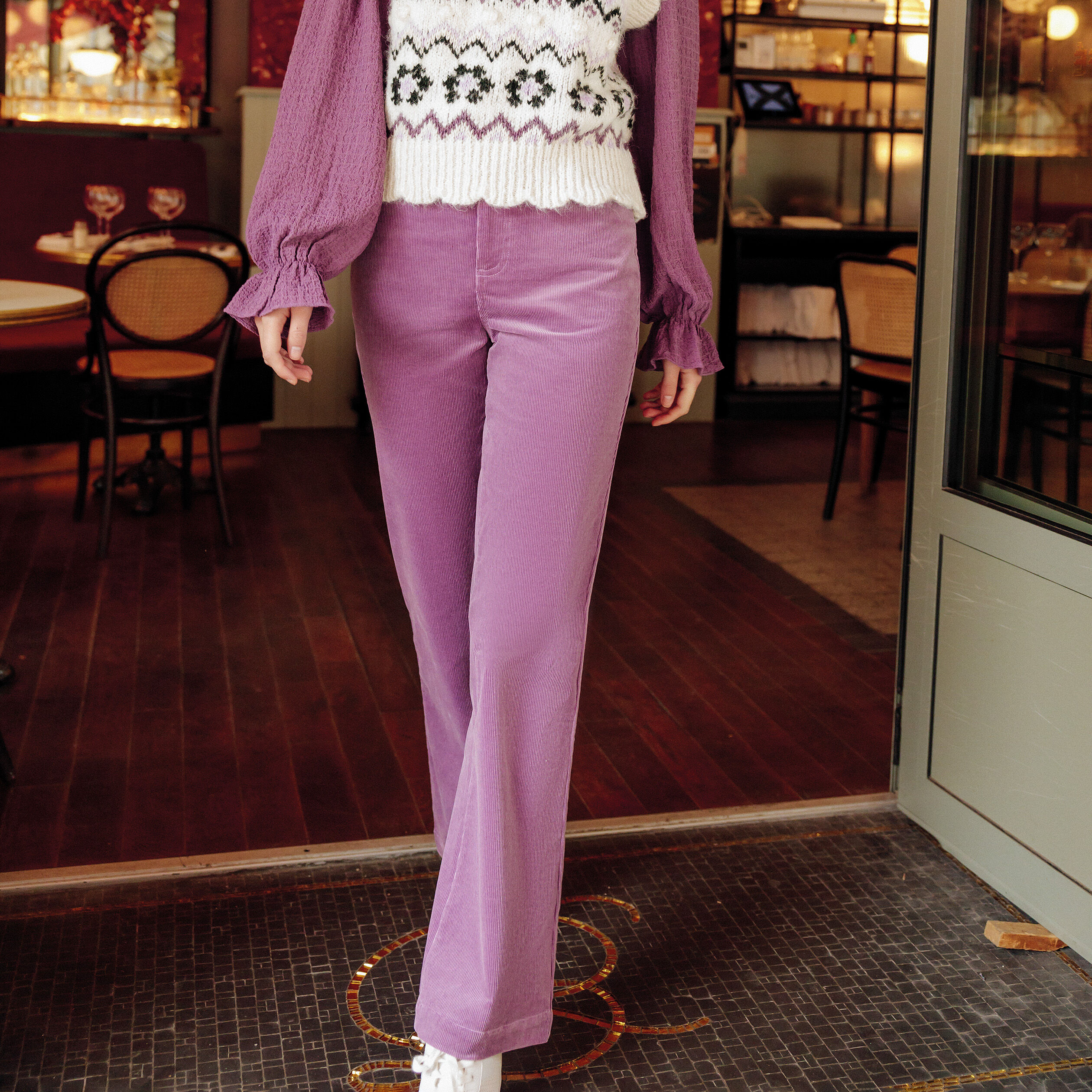 Pantalon flare velours côtelé violet femme | Cache Cache