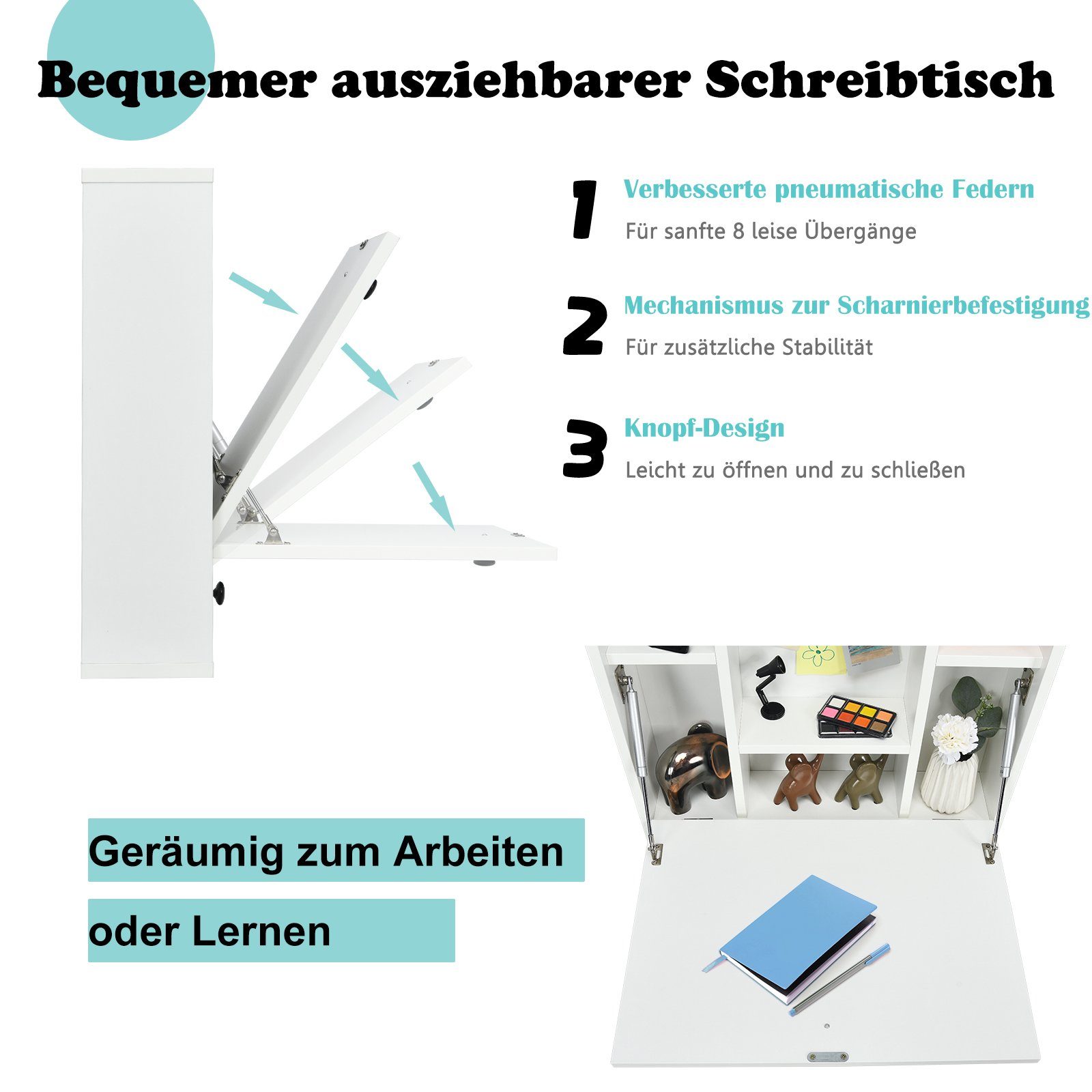 COSTWAY Klapptisch, Wandklapptisch mit Ablagefächern & Schublade
