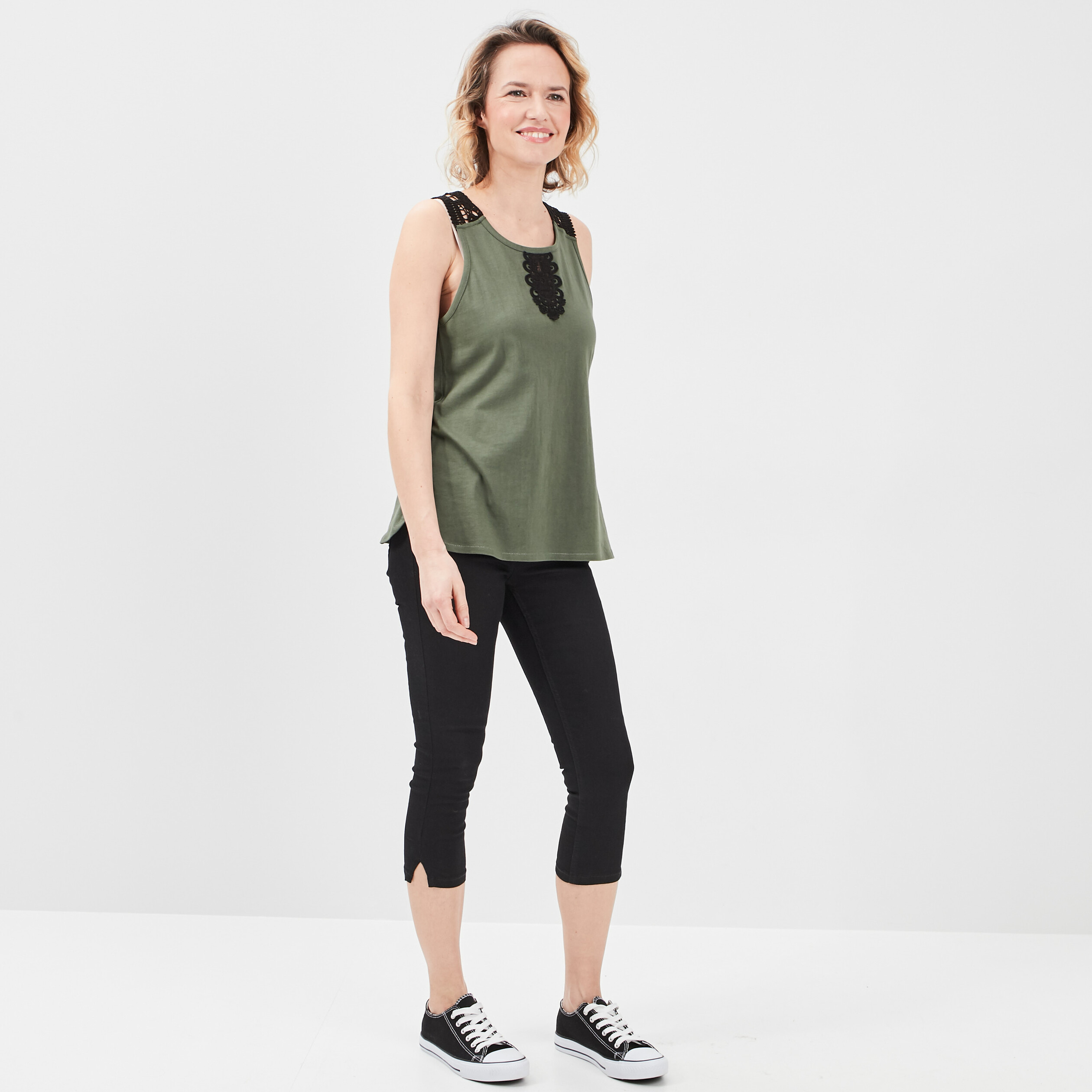 Débardeur empiècement broderie vert kaki femme | La Halle