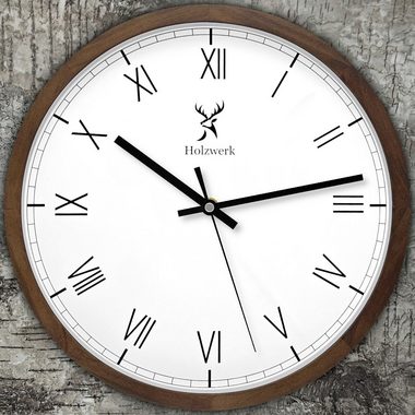 Holzwerk Wanduhr EISENBERG Designer Holz Wand Uhr, braun, weiß (lautlos ohne Tickgeräusche, 30 cm)