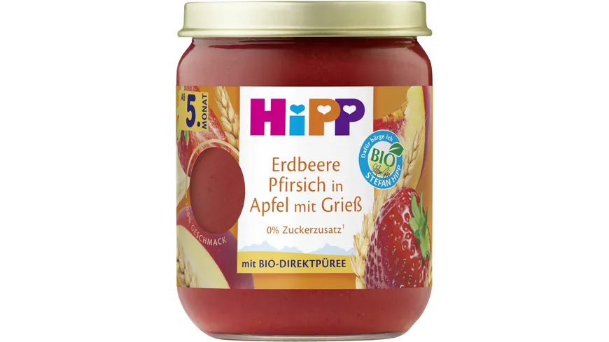 HiPP Bio Frucht und Getreide Erdbeere Pfirsich in Apfel mit Grieß 160 g