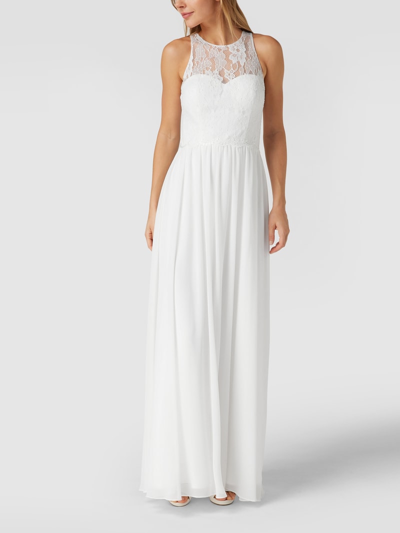 Abendkleid mit floralen Stickereien und Zierperlen in offwhite