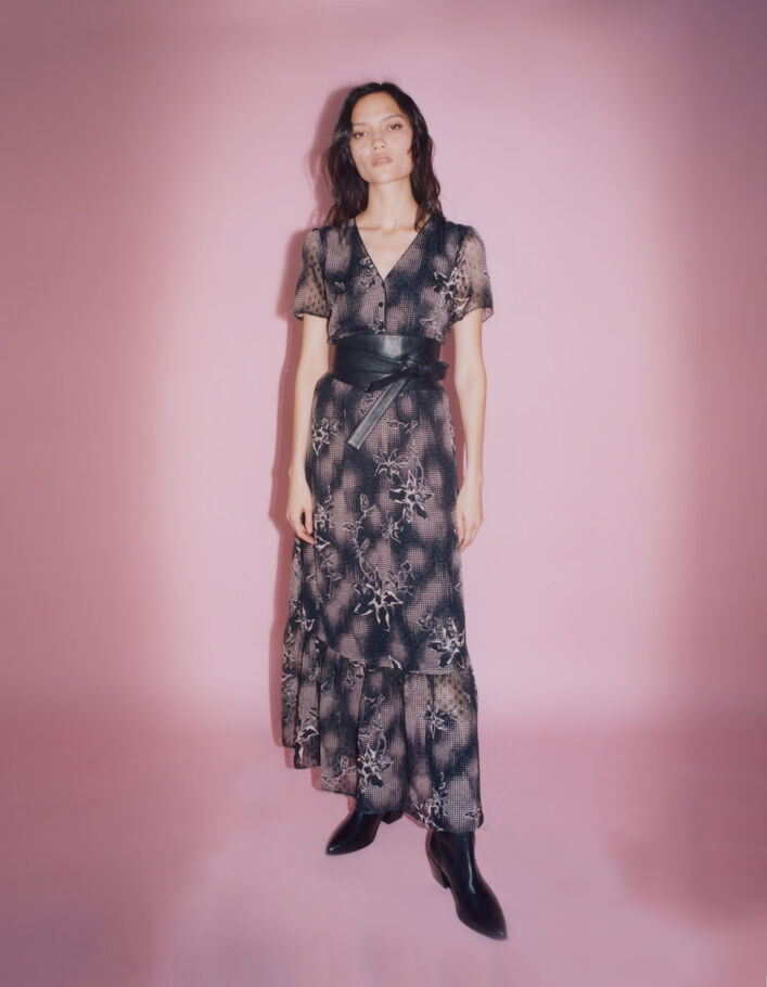 Robe longue noire imprimé dandy flower écru Femme