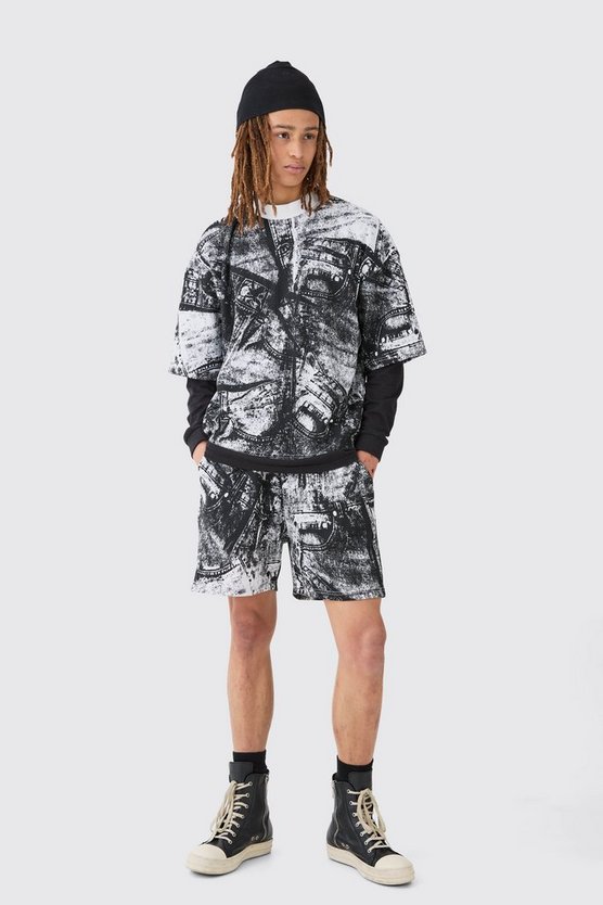 Kastiges Oversize Jeans T-Shirt & Shorts in Waffeloptik