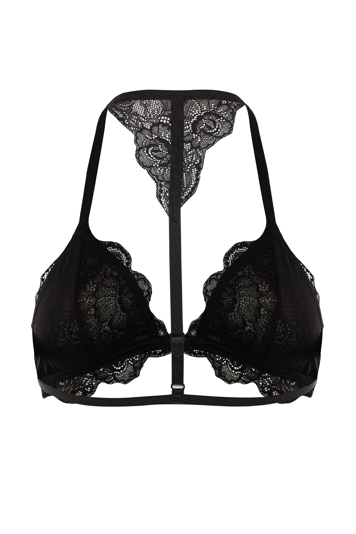 Trendyol Collection  Schwarzer Spitzen-String-Träger, Frontverschluss, kappenloser Triangel-Bralette-Strick-BH THMAW23SU00041