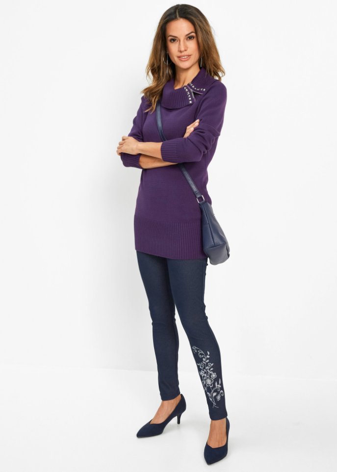 Thermojeggings mit Blütendruck und Glitzersteinen