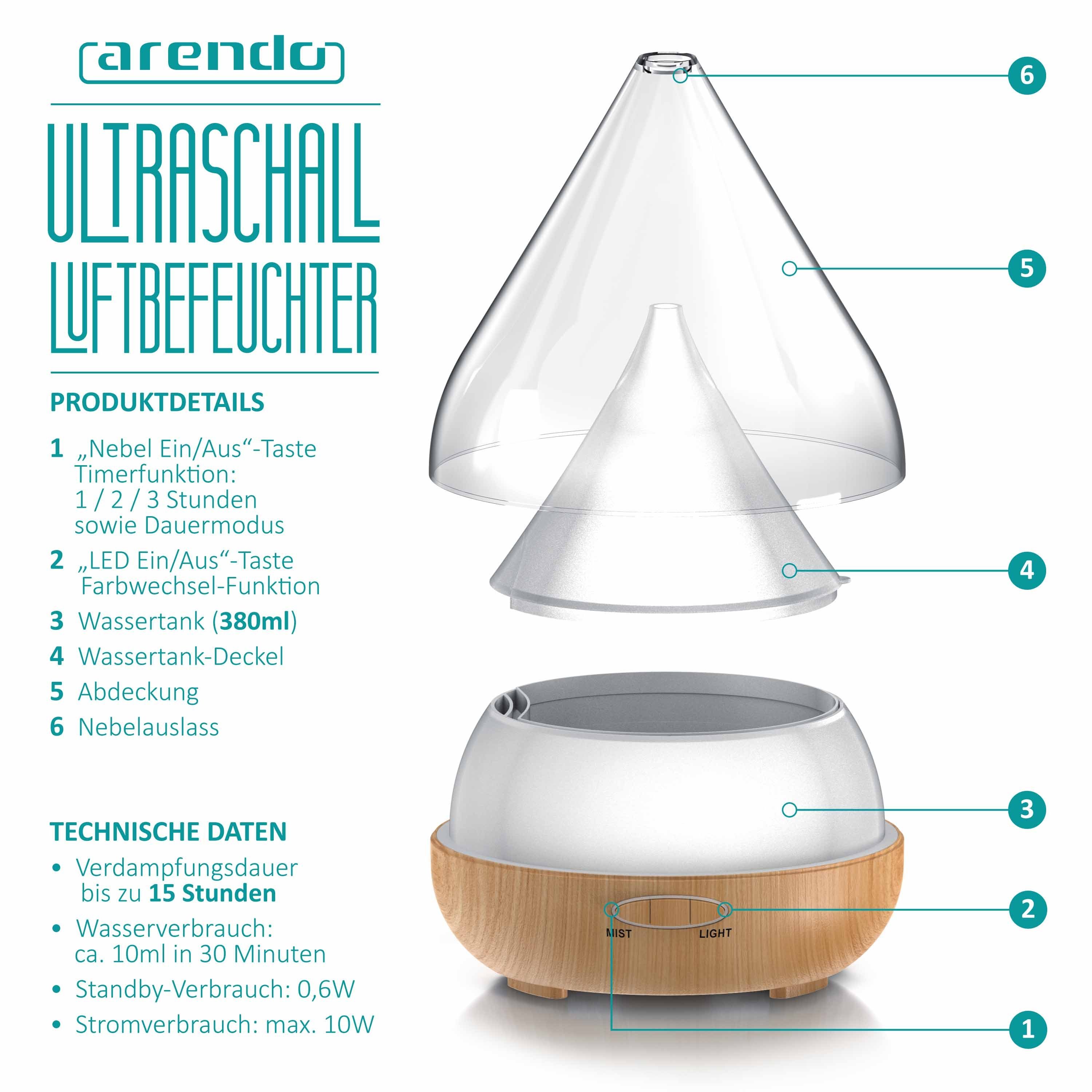 Arendo Diffuser, 0,38 l Wassertank, Aroma Diffusor mit LED Farbwechsel & 380 ml / LED mit 6 Farben