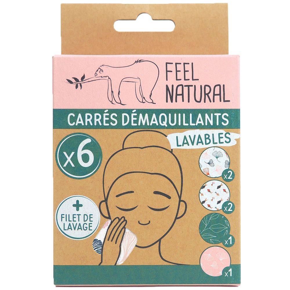 feel natural Lot de 6 carrés démaquillants lavables +  filet de lavage Carrés démaquillants
