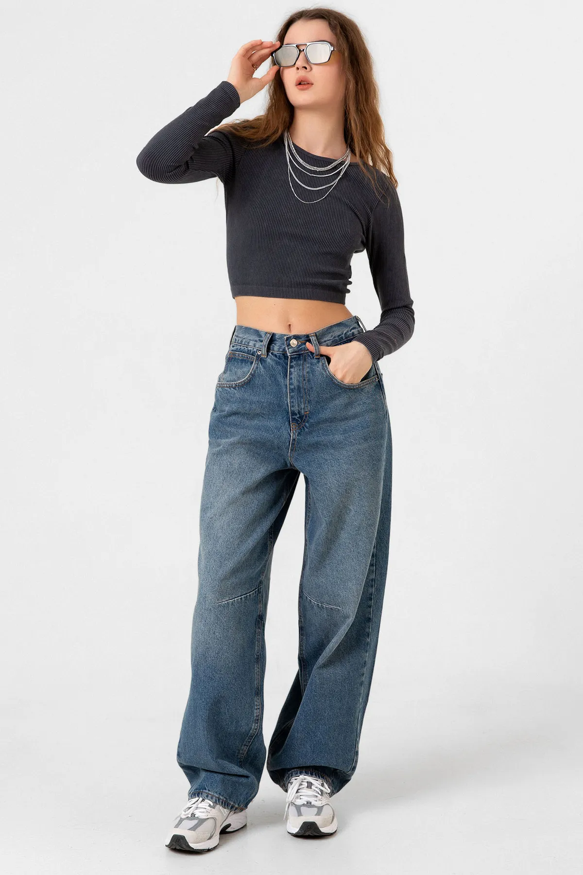 Maule  Schnalle im Detail, lockerer Schnitt, weites Bein, bequeme Baggy-Jeans, lockere Damenhose @milano