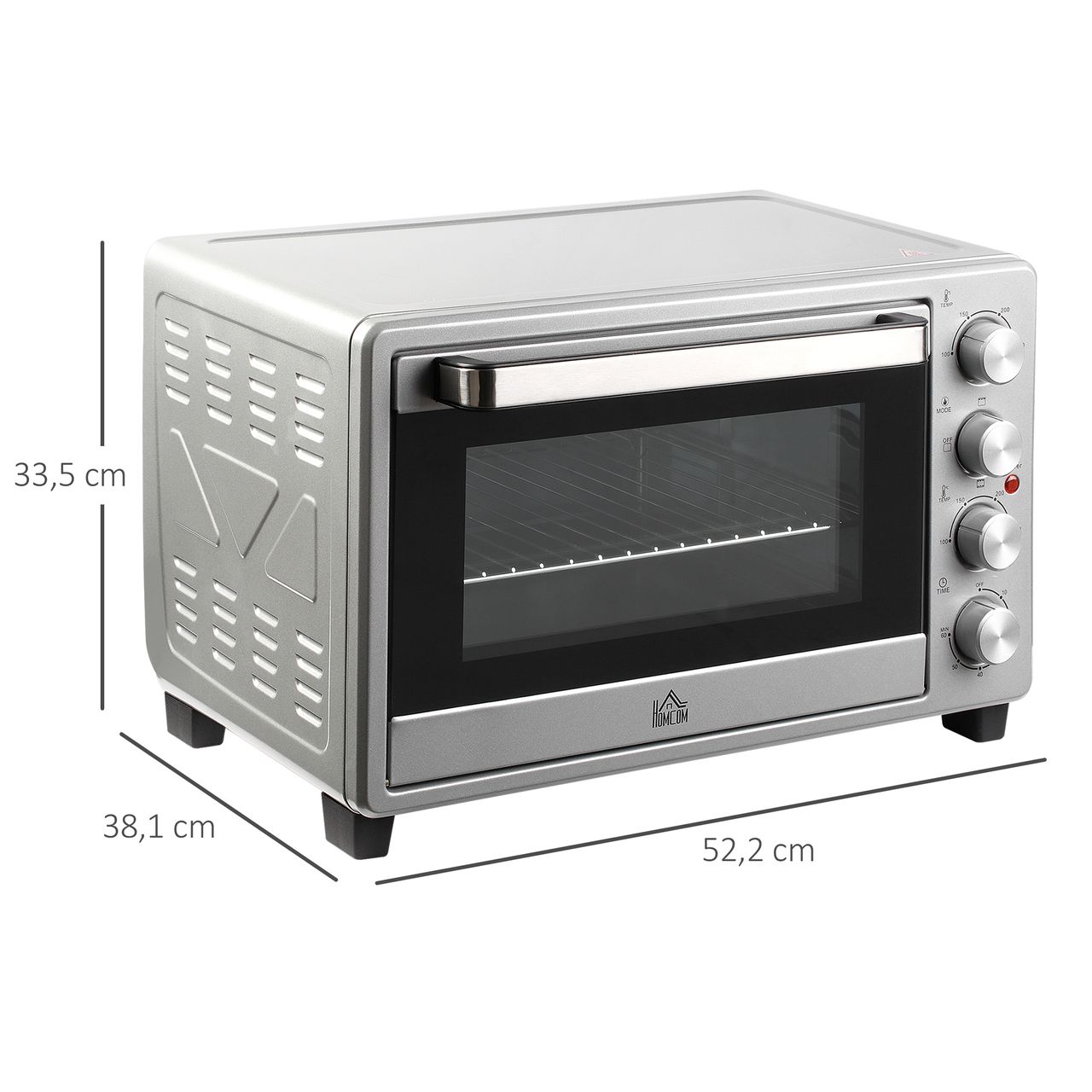 HOMCOM Minibackofen 32L mit Kochplatten 1600W Elektrischer Mini Ofen Drehspieß Boden mit Schlackenauffangwanne Metall Edelstahl Glas Silber 52,2 x 38,1 x 33,5 cm