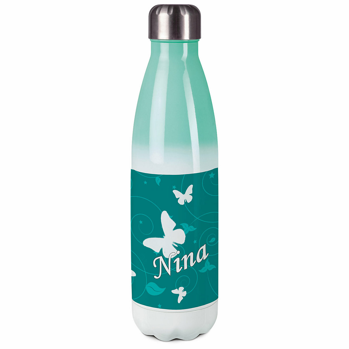 Edelstahl Kinder Thermoflasche / Trinkflasche bunt Schmetterling Ornamente Farbe petrol Spülmaschinenfest, Auslaufsicher, Bruchfest, Doppelwandig, Für Heißgetränke geeignet, Mit Deckel, Isoliert