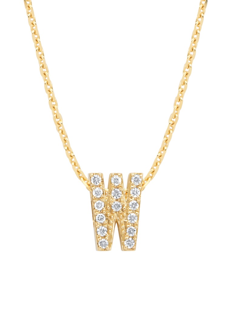 Pandantiv cu vârf de diamant W din aur galben, diamant de 0.05ct, alfabet