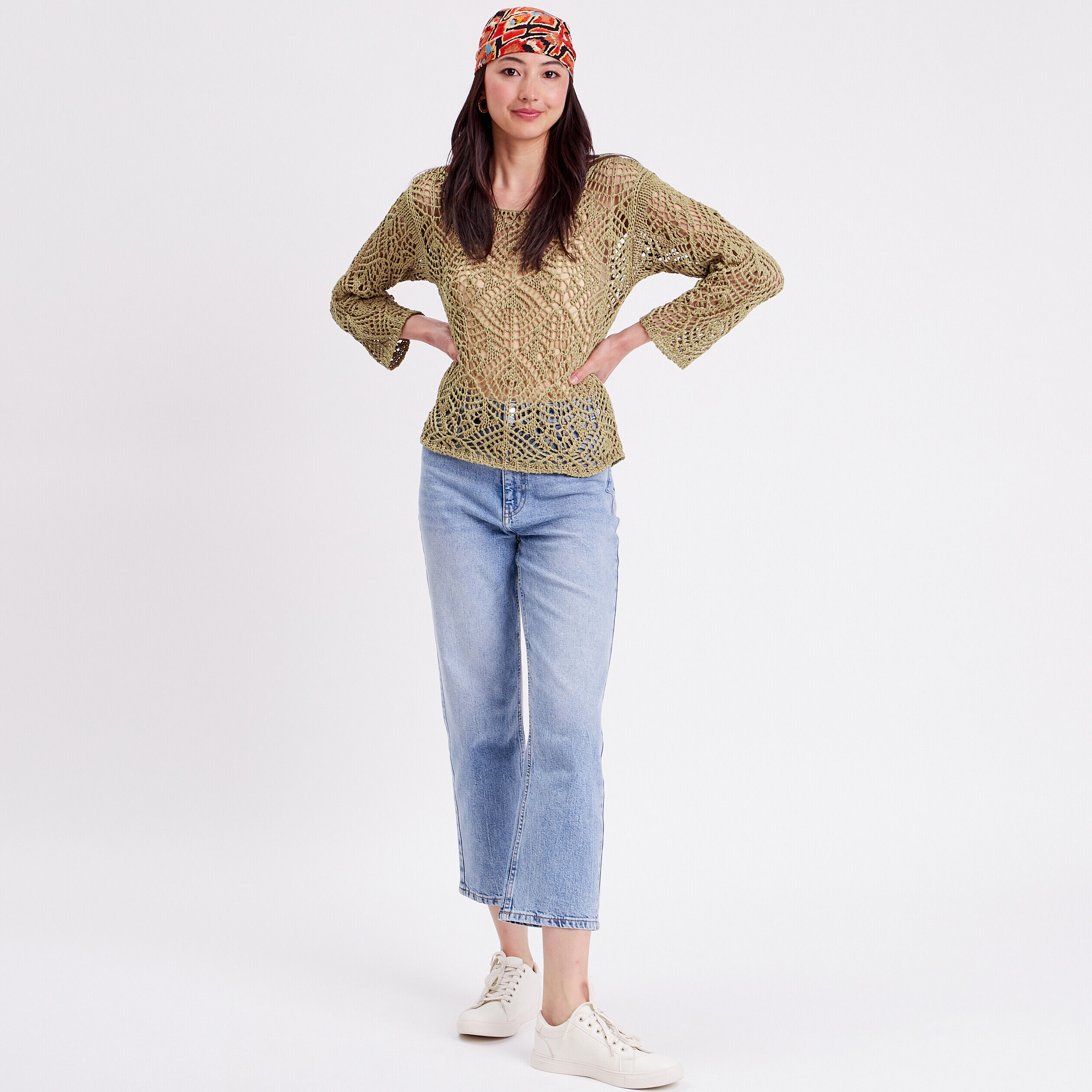 Pull crochet manches longues vert kaki femme | Cache Cache