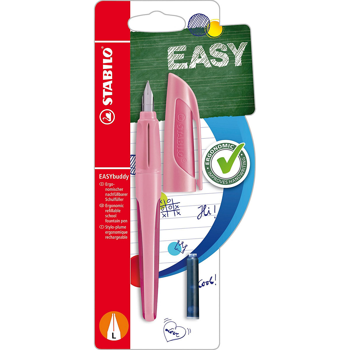 Schulfüller EASYbuddy L-Feder Linkshänder Pastel Rosiges Rouge, inkl. Patrone