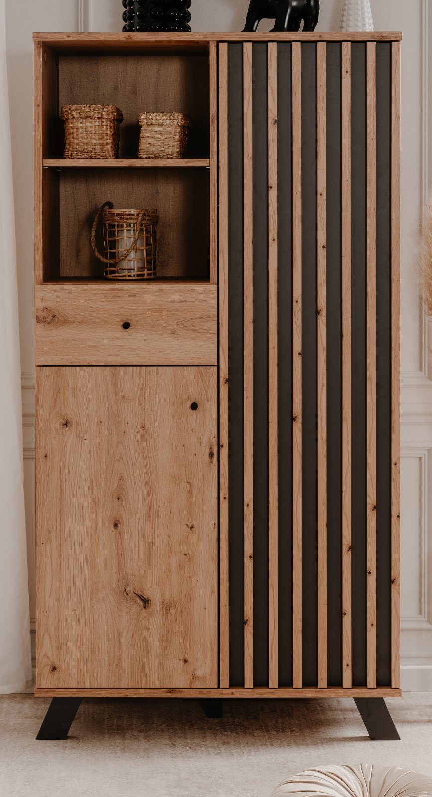 Finori Highboard Madem (Schrank in Artisan Eiche Dekor, 80 x 156 cm), mit Holzlamellen