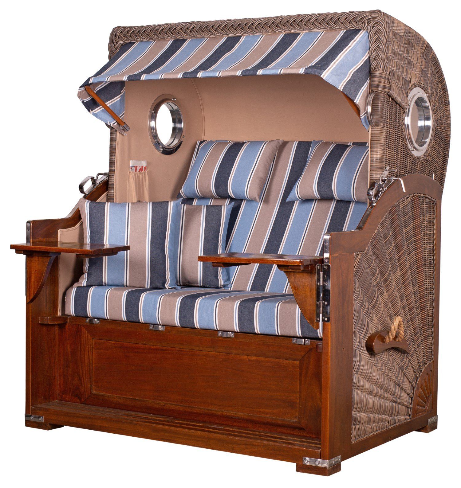bene living Strandkorb Königssee 2-Sitzer Mahagoni - PE grau - Modell 580, BxTxH: 142x95x170 cm, Volllieger ca. 175 Grad, Ostsee-Strandkorb Komplettset, inkl. Liftersystem und Bullaugen