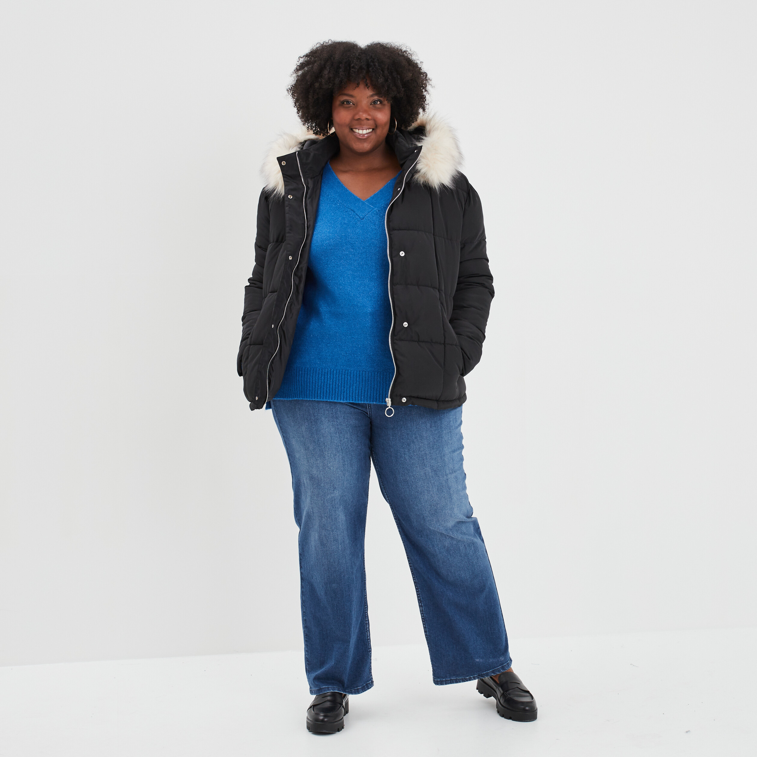 Pull col en V manches longues bleu femme grande taille | La Halle