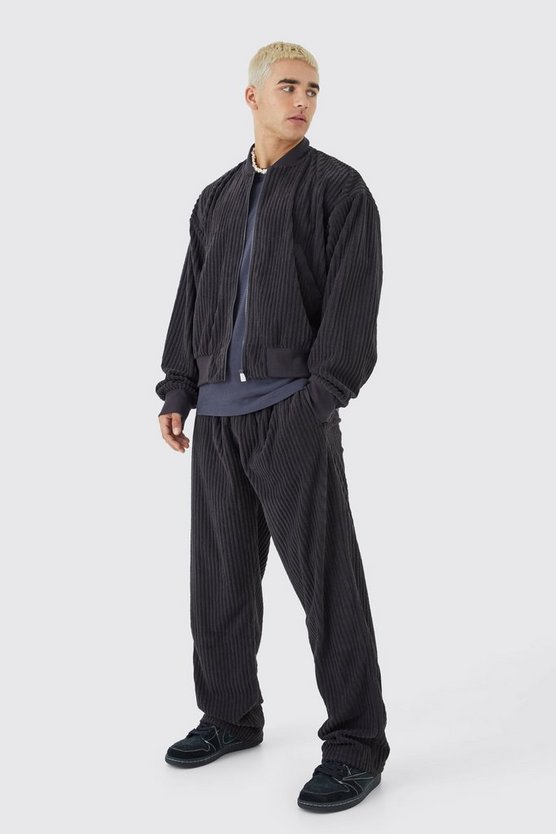 Kastige gerippte Bomberjacke & Hose mit lockerem Bund