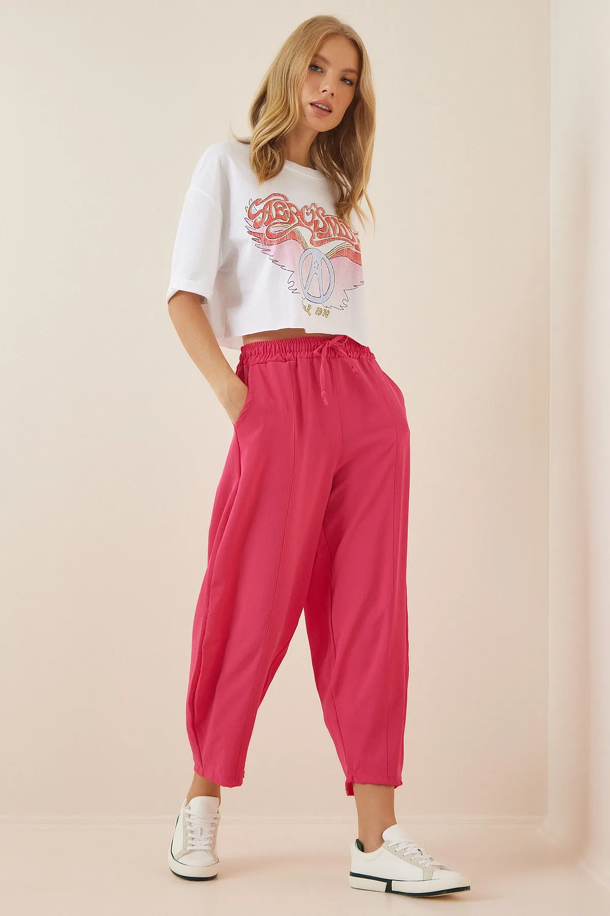 Happiness İstanbul  Damen-Shalwar-Hose aus dunkelrosa Leinen CI00036