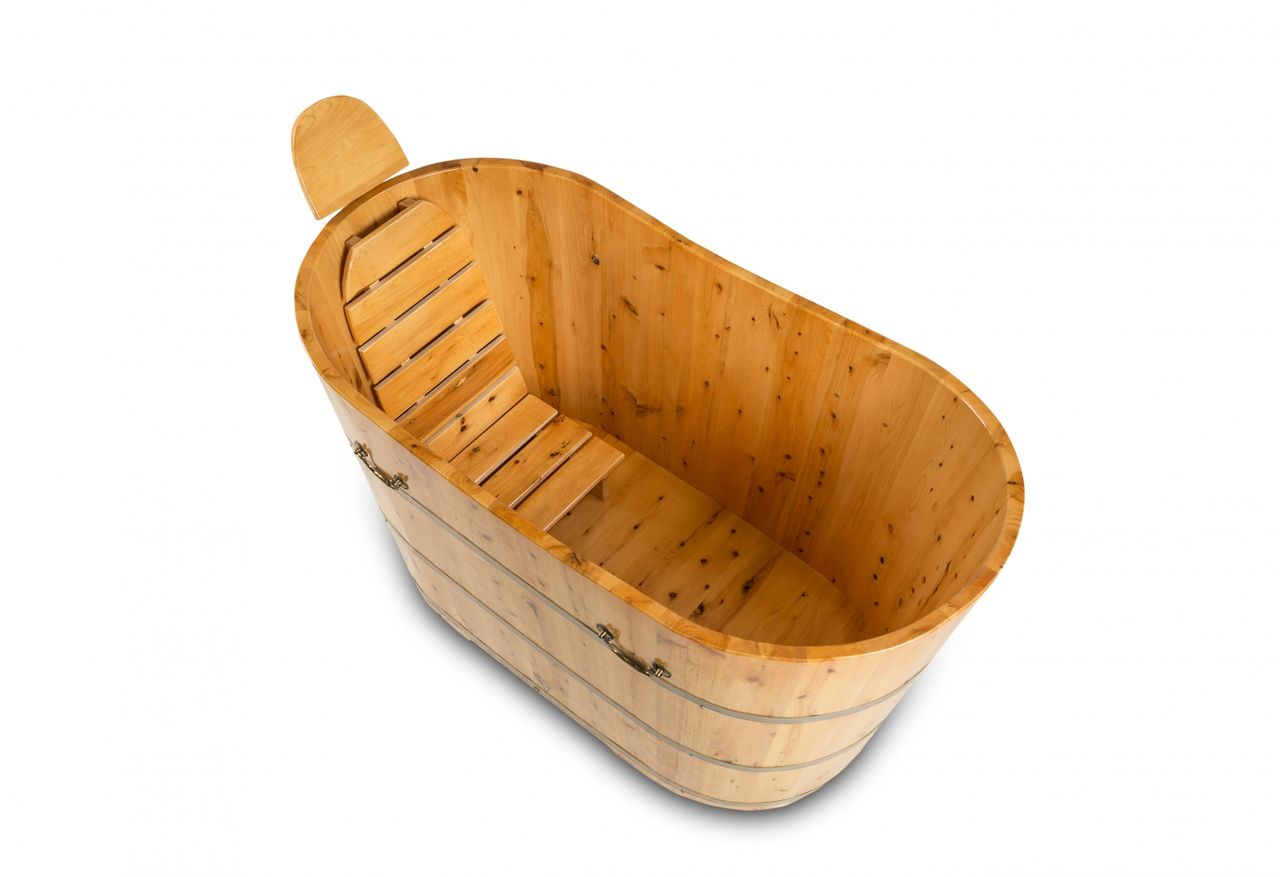 PureHaven freistehende Holzbadewanne 150x62cm aus Zedernholz 150 L ergonomische Formgebung pflegeleichte Oberfläche verstärkter Rahmen inkl. Ablauf