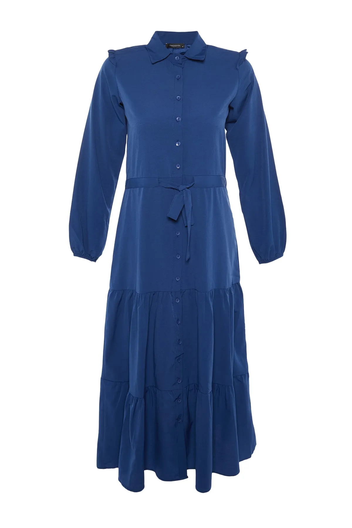 Trendyol Modest  Marineblaues gewebtes Kleid mit Hemdkragen, Schulterdetail und Schnürung in der Taille TCTSS21EL3472