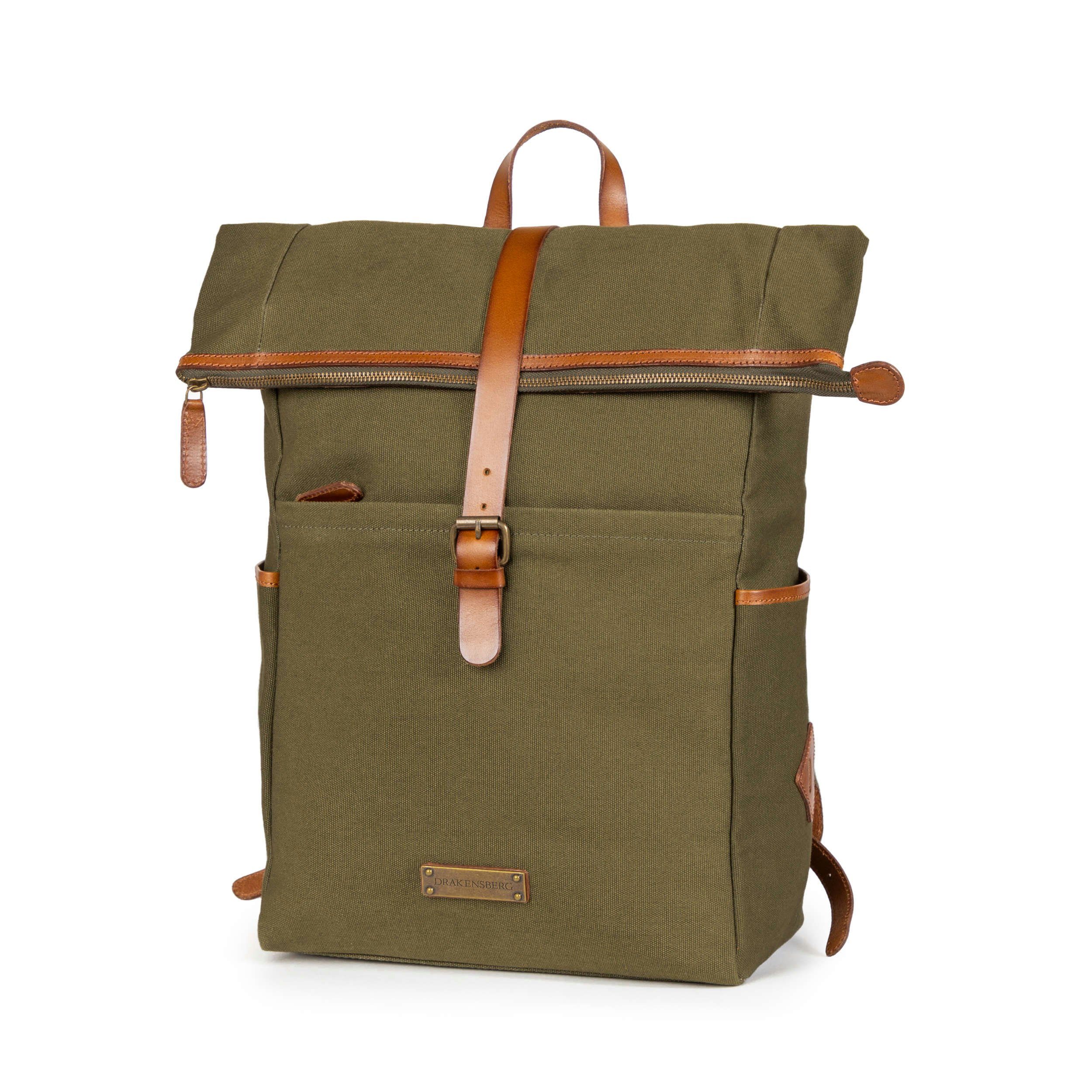 DRAKENSBERG Tagesrucksack Roll-Top Rucksack Archie Oliv-Grün, unisex Cityrucksack aus Canvas mit Lederdetails und 15