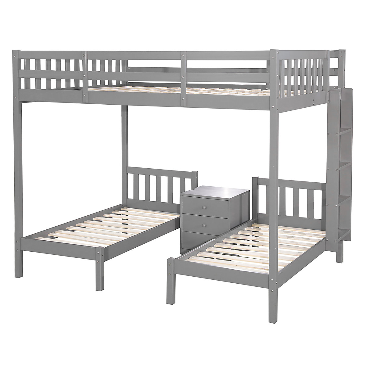 Etagenbett 90x200 Kinderhochbett mit Nachttisch, Dreibett, Massivholz, mit Schrank