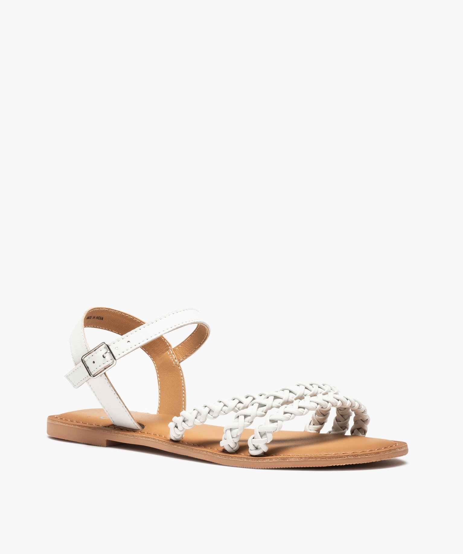 Sandales femme à talon plat et brides tressées en cuir blanc | GEMO