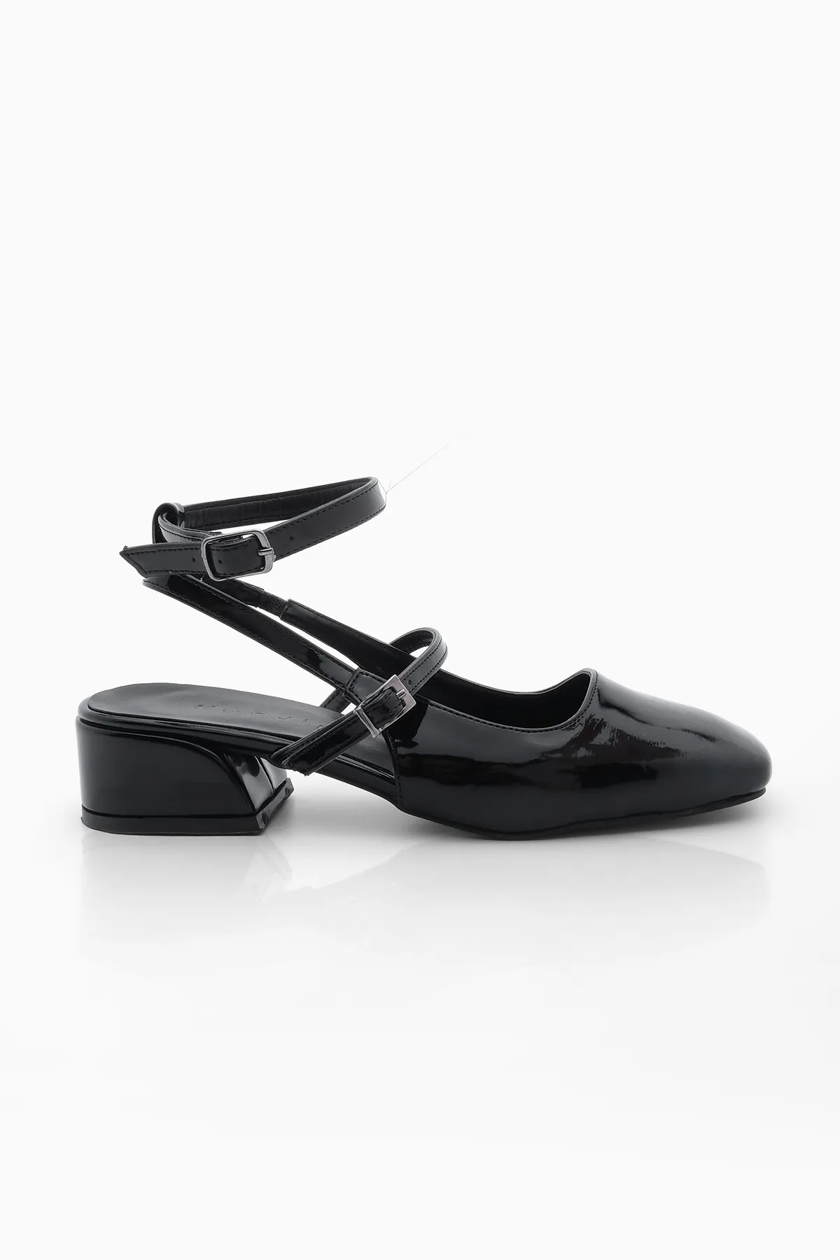 Marjin  Damen-Mary-Jane-Schuhe mit Schutzhelm, quadratischer Zehenpartie und offenem Rücken, kurzer Blockabsatz, Hanse, schwarzes Lackleder
