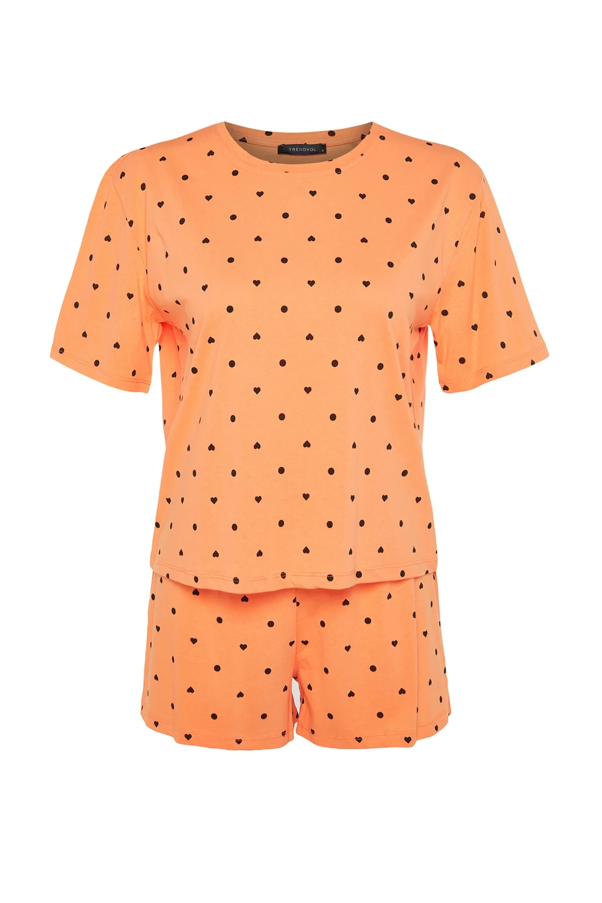 Trendyol Collection  Orange-mehrfarbiges gestricktes Pyjama-Set mit T-Shirt und Shorts aus 100 % Baumwolle mit Herzmuster THMSS21PT1485