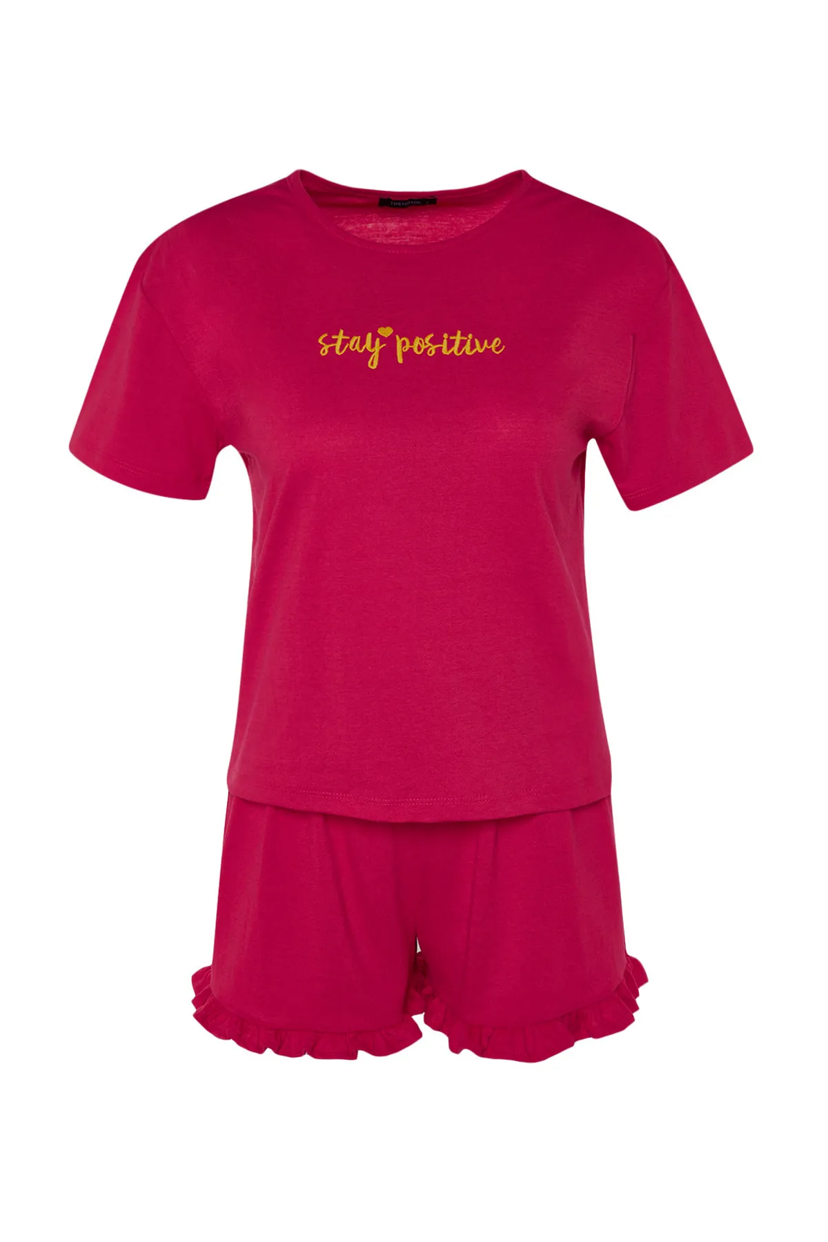 Trendyol Collection  Fuchsiafarbenes, gestricktes Pyjama-Set aus 100 % Baumwolle mit bestickten Rüschen und T-Shirt-Shorts THMSS20PT0165