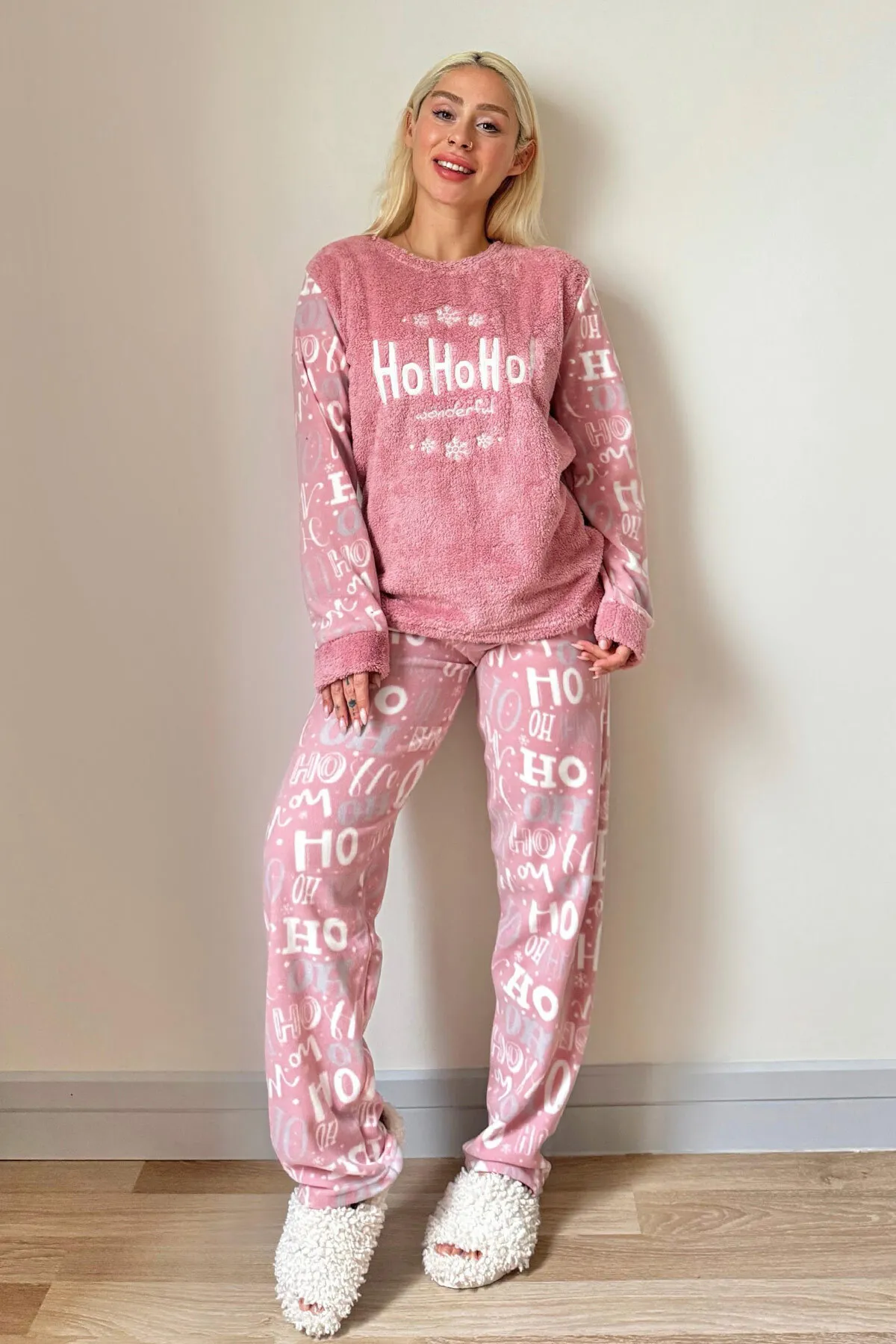 Pijamaevi  Rosa Hoho gemustertes Plüsch-Pyjama-Set für Damen