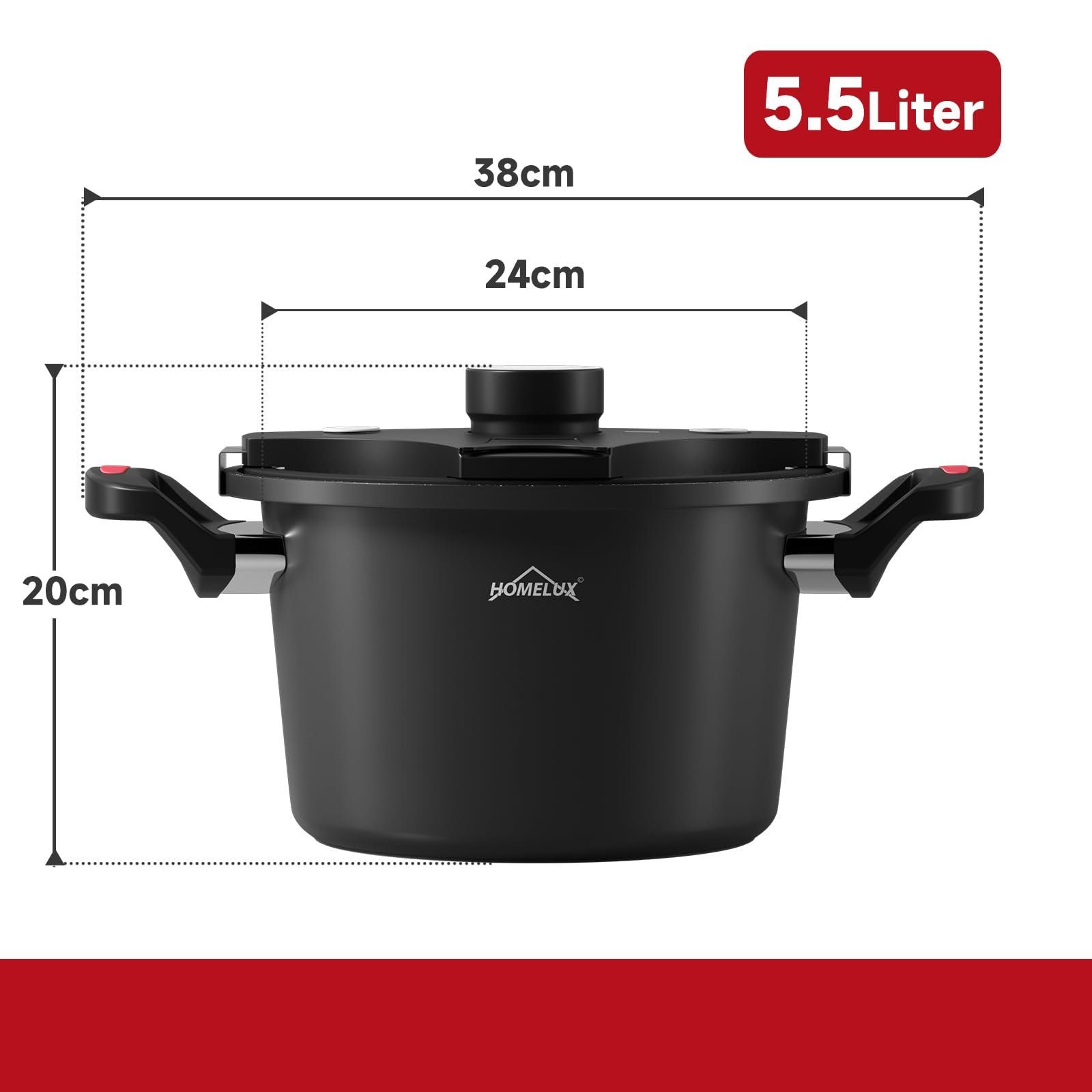 HOMELUX Schnellkochtopf Energiespartopf Ø 24 cm Kochtopf mit Niederdruck 5,5L Topf, Aluminium (Geeignet für alle Herdarten, Energieeffizient&schnell), induktionsgeeignet
