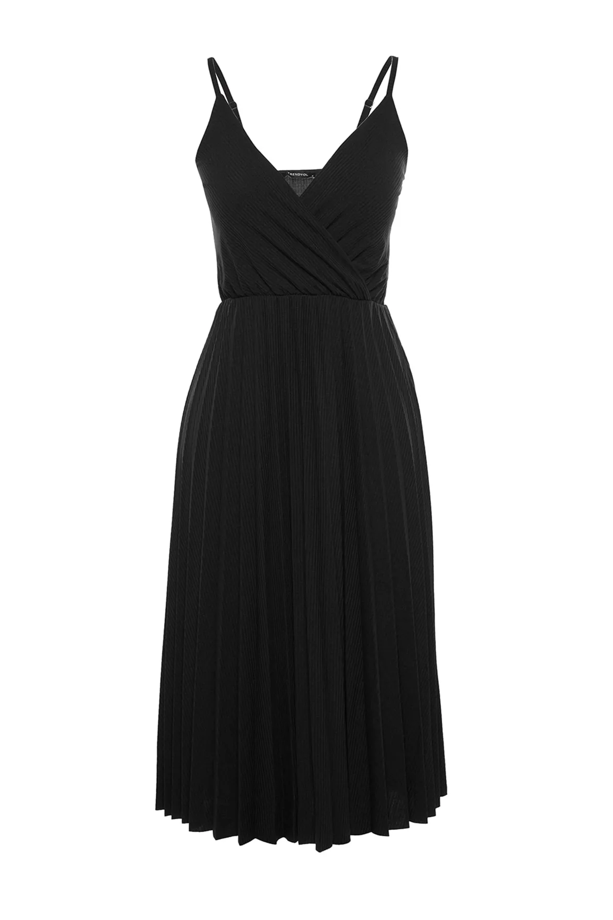 Trendyol Collection  Schwarzes, zweireihiges, dehnbares Strickkleid mit offener Taille/Skater-Midikleid mit plissierten Trägern TWOSS20EL2729