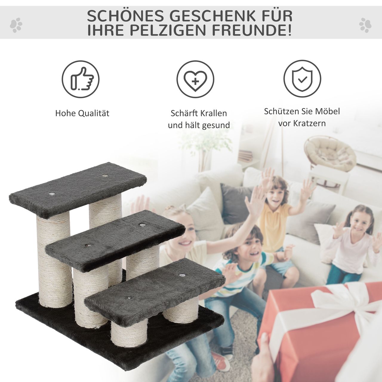 PawHut Tiertreppe Katzentreppe 3 Stufen Hundetreppe Treppe für Katze und Hunde Plüsch Dunkelgrau 45 x 35 x 34 cm
