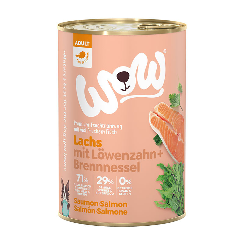 WOW Hundenassfutter WOW Adult 6x400g Lachs mit Löwenzahn