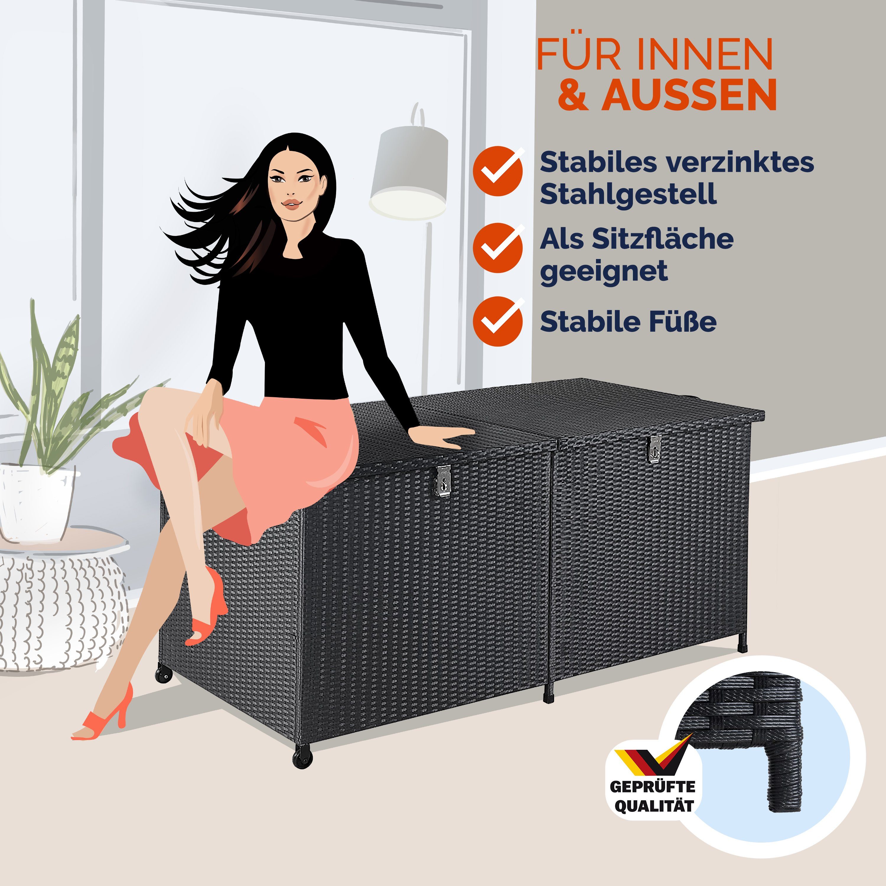 Casaria Auflagenbox (1 St), Poly Rattan XXL 150 x 77 x 73cm Rollbar Garten Gartenbox Kissenbox