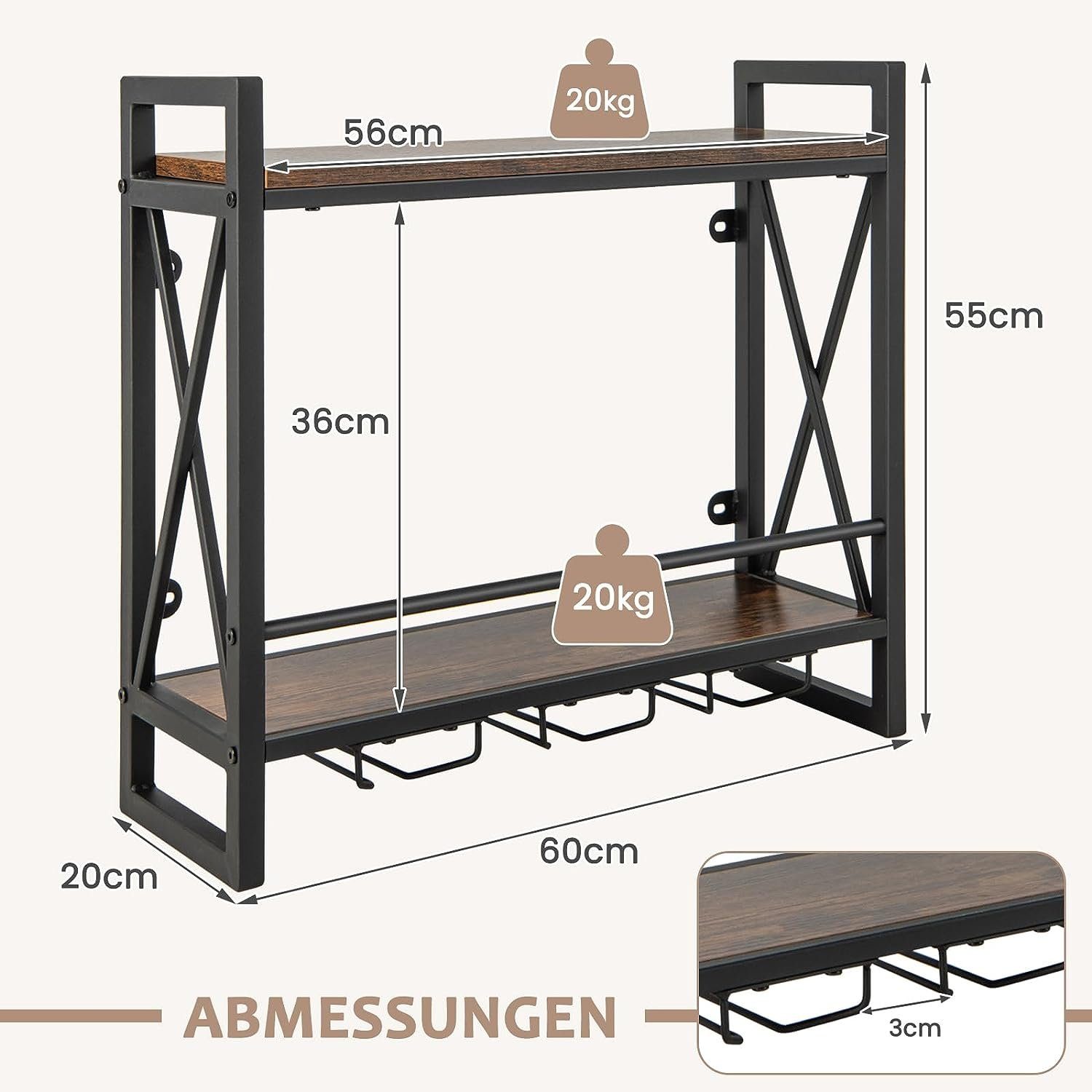KOMFOTTEU Weinregal Wandregal, mit Glashalter, 60 × 20 × 55cm