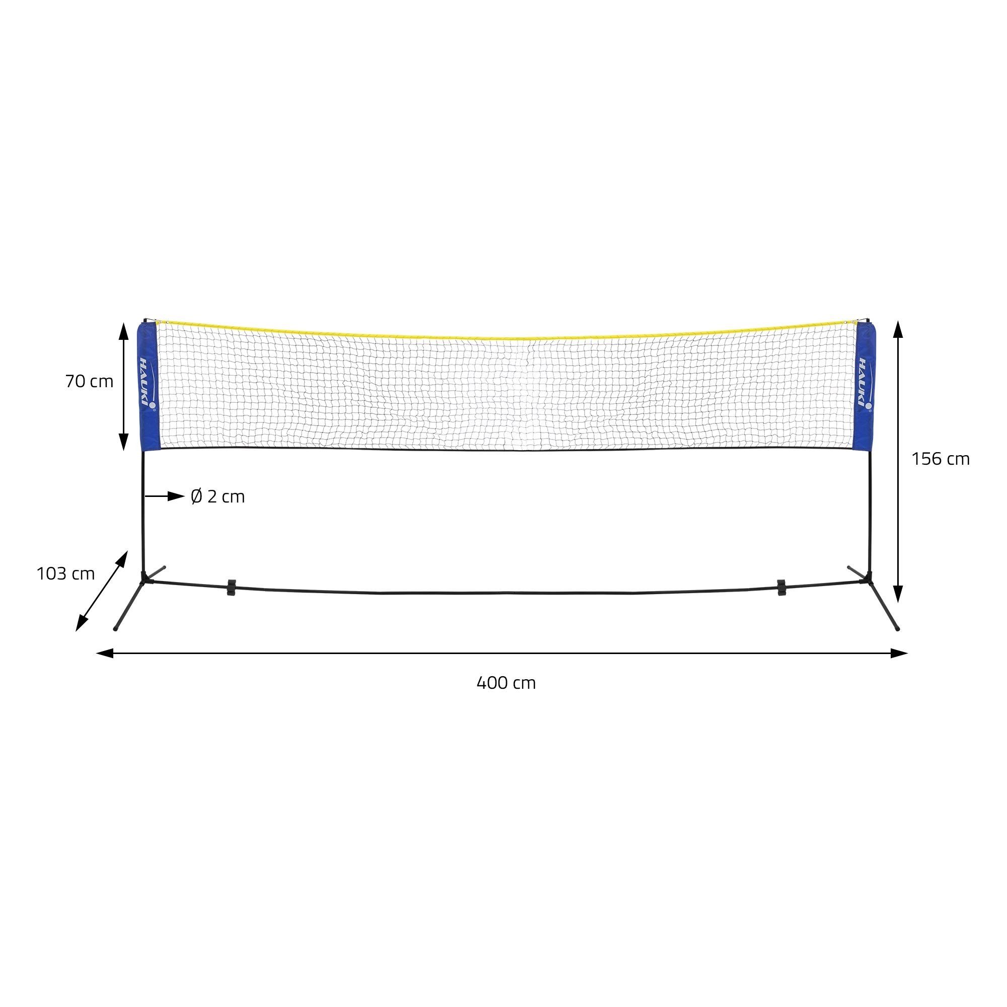 Hauki Badmintonnetz Tennisnetz Volleyballnetz Trainingsnetz Federballnetz Set (Komplett-Set, 5-St., Netz, Tragetasche, Federbälle), Blau 400cm 156cm inkl. 3x Federball Transporttasche Eisen-Gestell